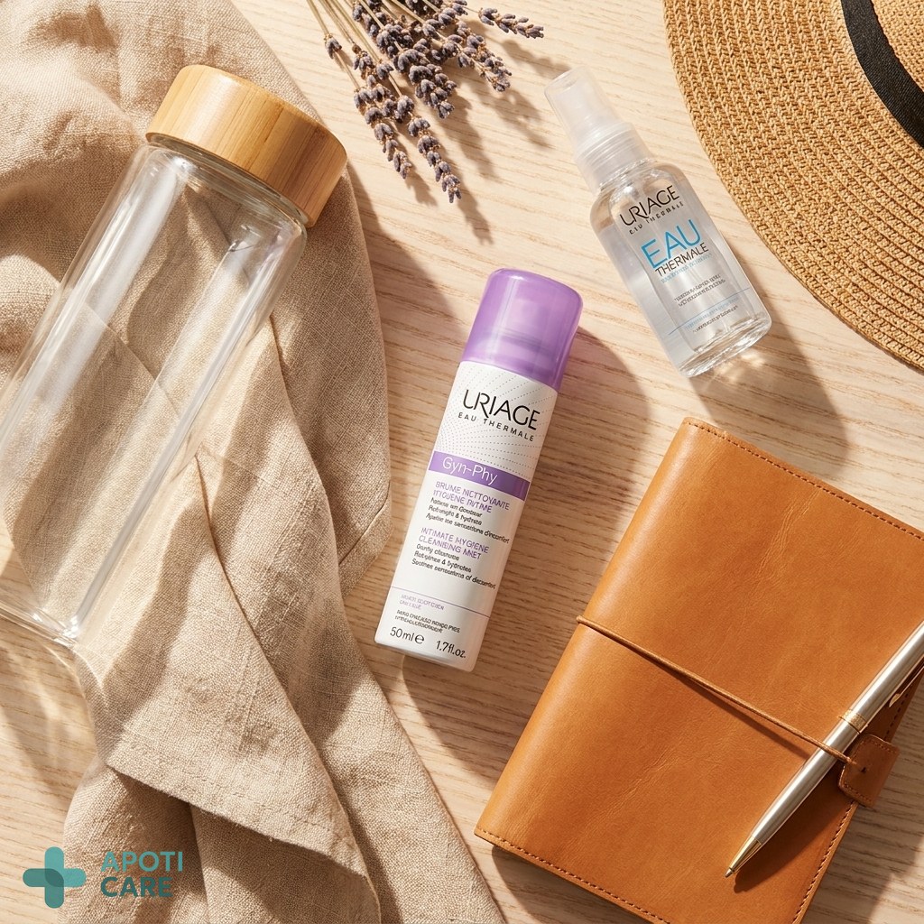 A flat lay of summer essentials for an active person: a reusable water bottle, a linen scarf, a small bottle of thermal mist, and a high-quality notebook.