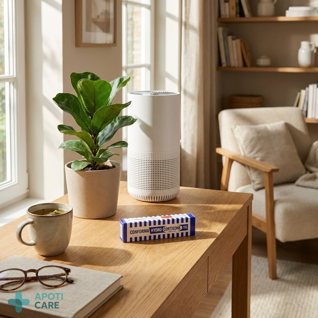 A modern air purifier in a stylish office or living room, with a soft green plant nearby to evoke a healthy atmosphere.