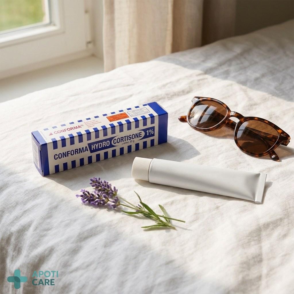 A minimalist travel kit on a white linen surface, containing a tube of cream, a pair of sunglasses, and a small sprig of lavender, representing a 