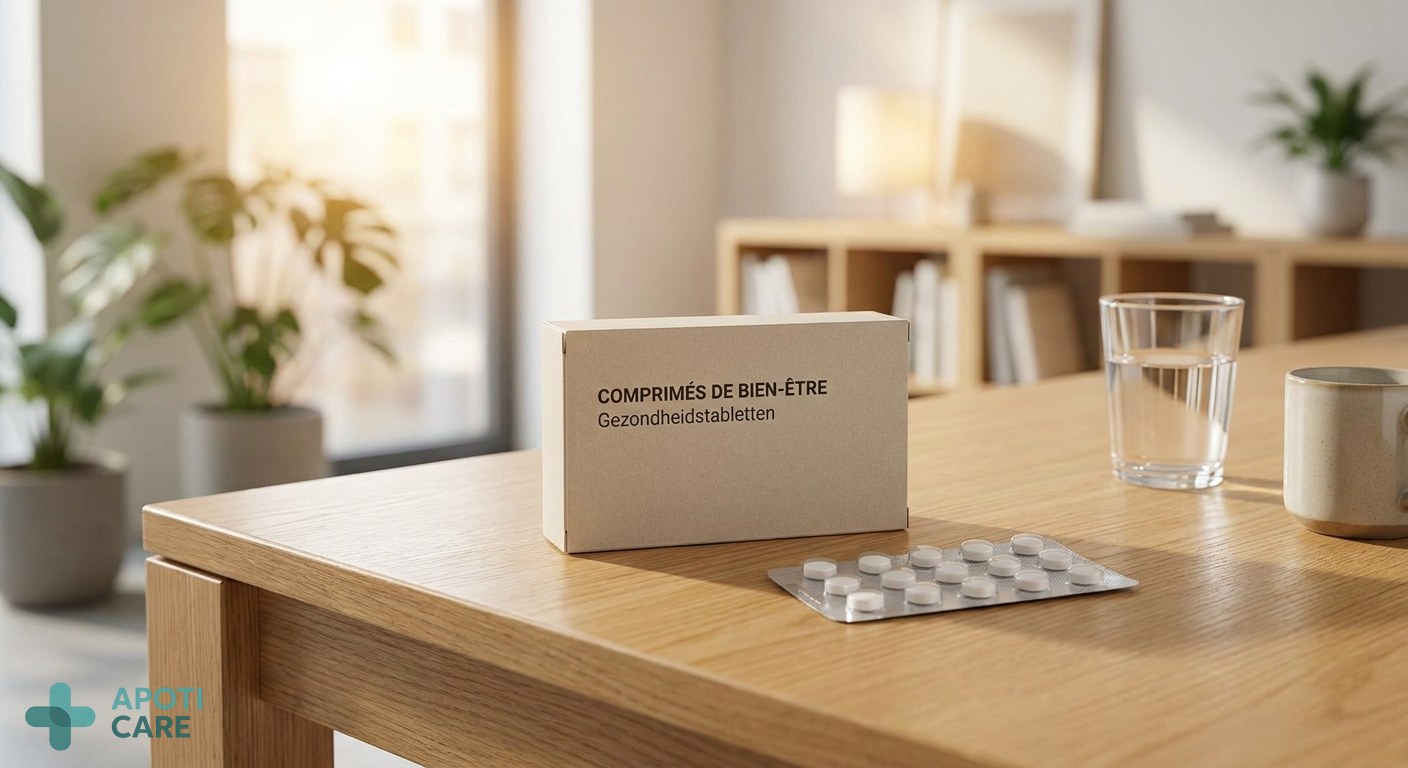 Close-up of a medicine box and blister pack on a wooden table next to a glass of water, soft office background.