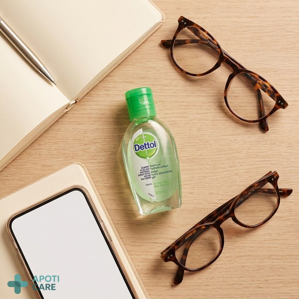 A flat lay of professional essentials: a smartphone, a notebook, a pair of glasses, and a small 50ml bottle of hand sanitizer.