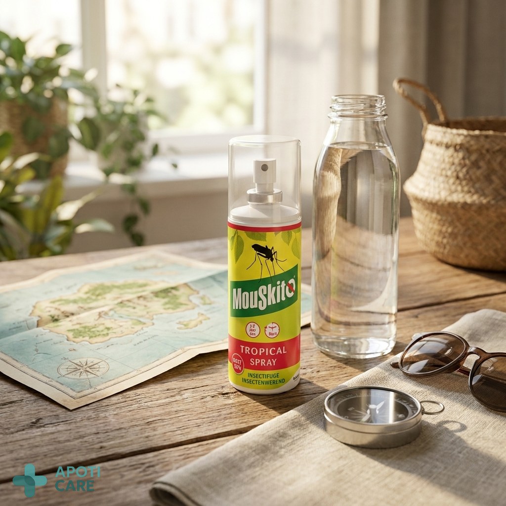 An elegant arrangement of health essentials on a wooden table: a water bottle, a map, and the Mouskito spray, evoking a sense of prepared travel
