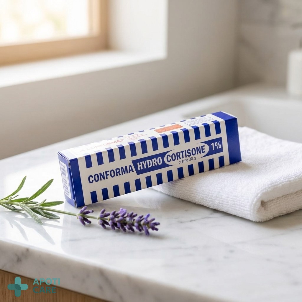 A pharmaceutical display of a white and blue cream tube on a minimalist marble background, surrounded by calming elements like a sprig of lavender and a clean cotton towel.