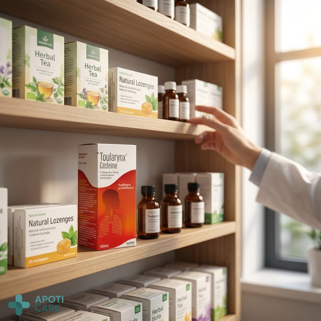 A modern pharmacy shelf with various wellness products, clean and bright lighting, professional atmosphere