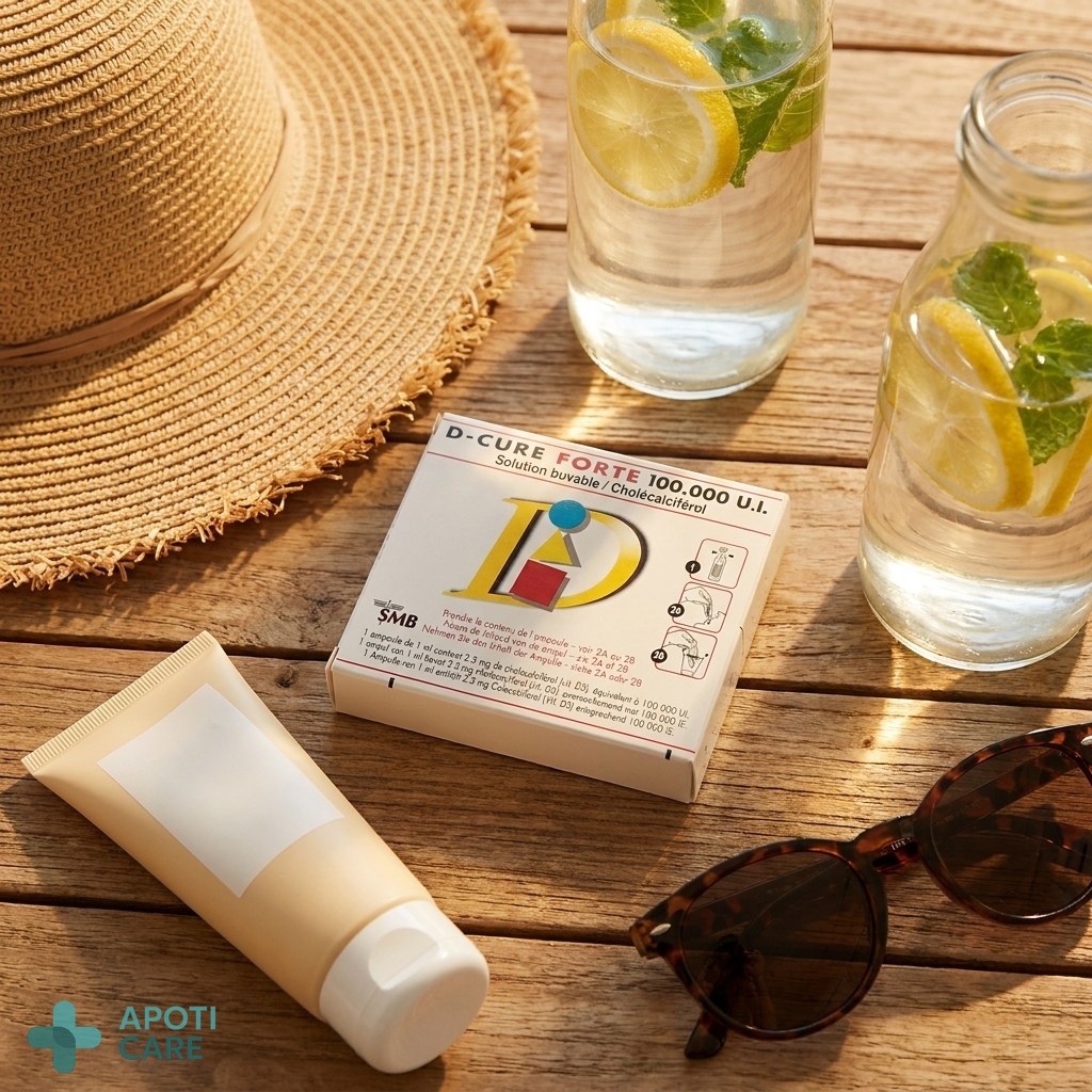A flat lay of summer essentials: a high-quality sunscreen, a sun hat, a bottle of water, and a box of D-Cure, on a wooden table.