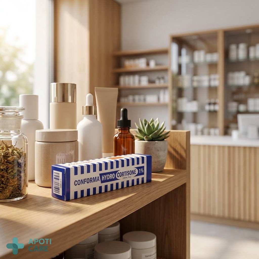 Professional healthcare setting, a clean and minimalist pharmacy shelf with high-quality dermo-cosmetic products.