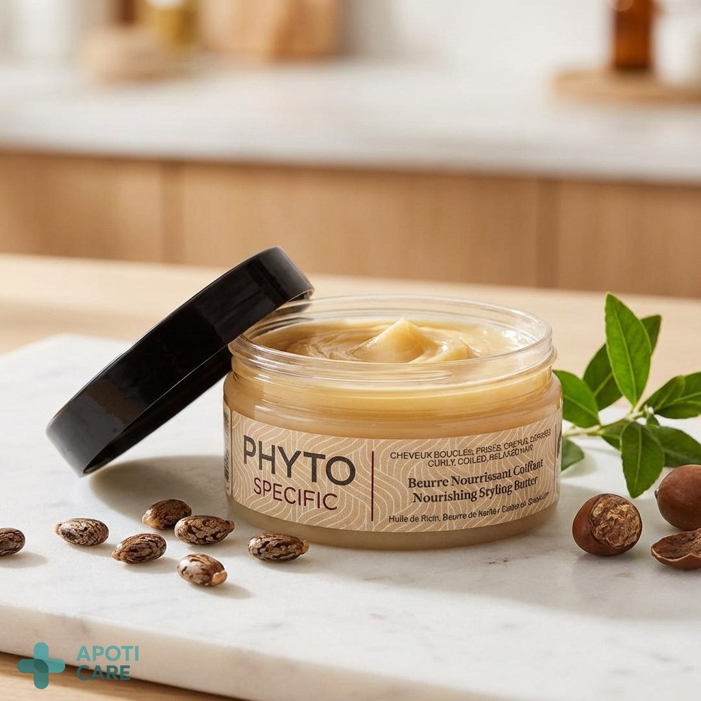 An open jar of rich, creamy hair butter on a clean, white marble surface, surrounded by a few natural ingredients like castor seeds.