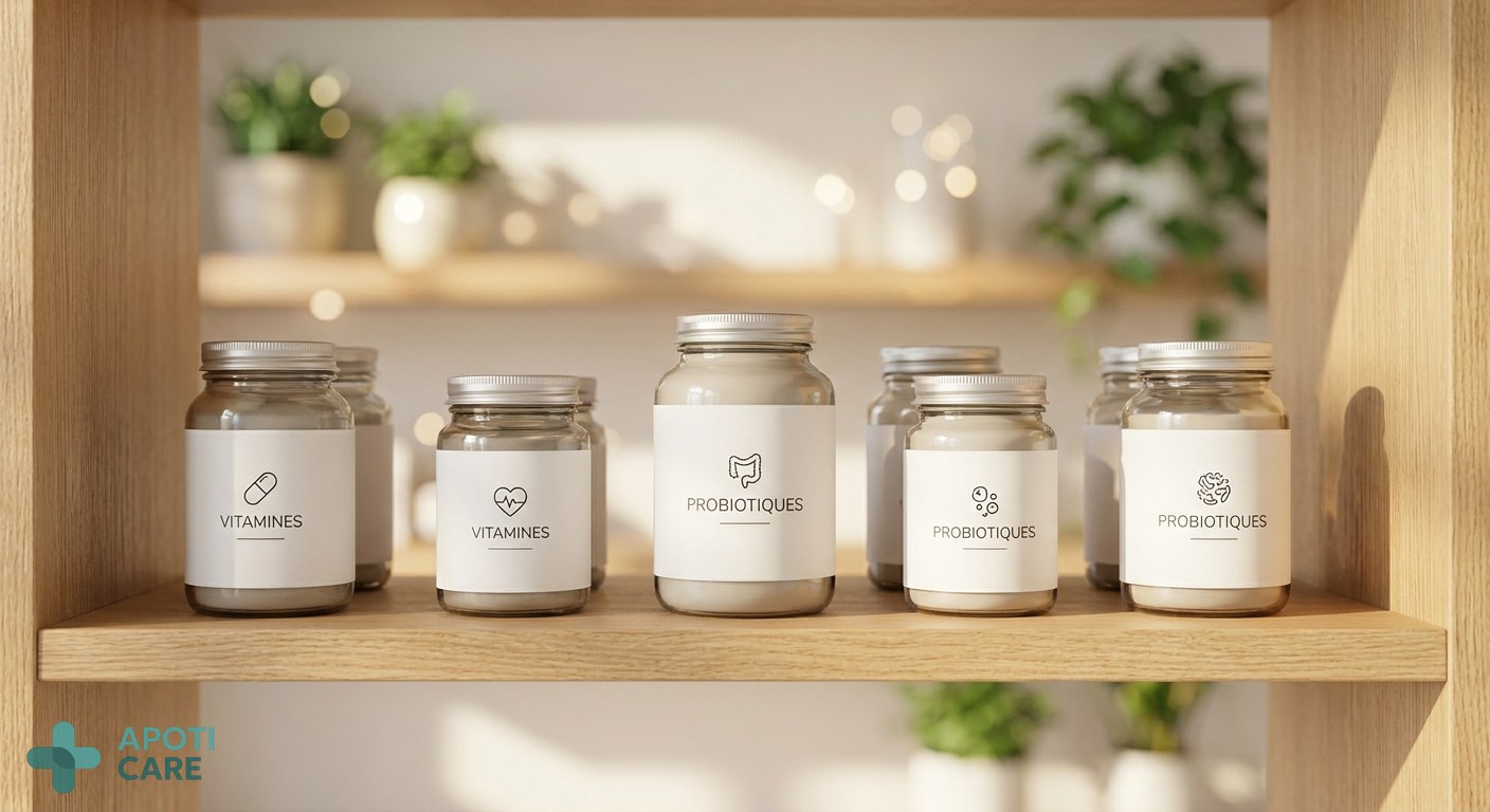 A minimalist pharmacy shelf with professional health supplements, clean aesthetic, soft focus background, realistic photography style