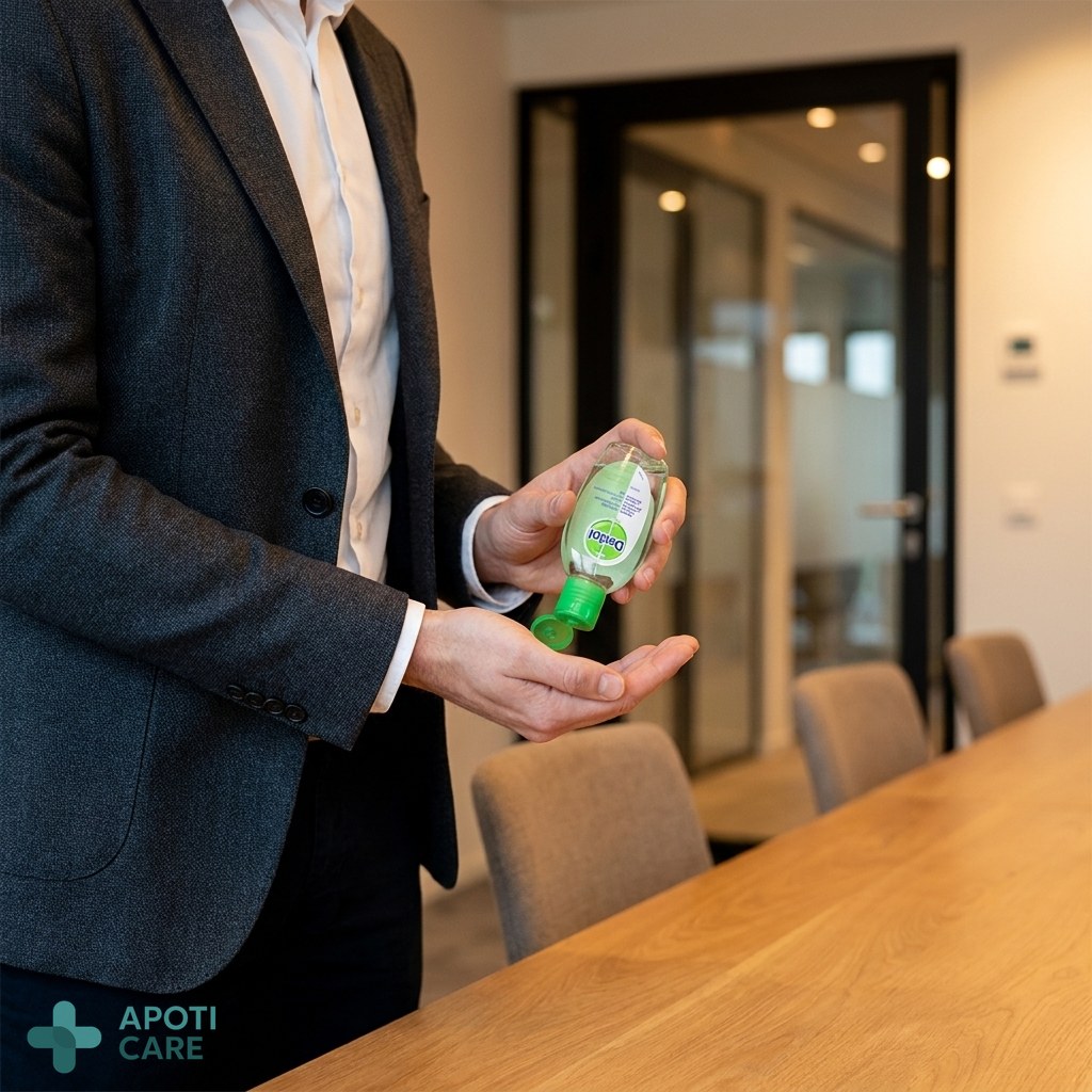 A person in professional attire subtly using a small bottle of hand sanitizer before entering a meeting room, elegant and discreet, realistic photography style