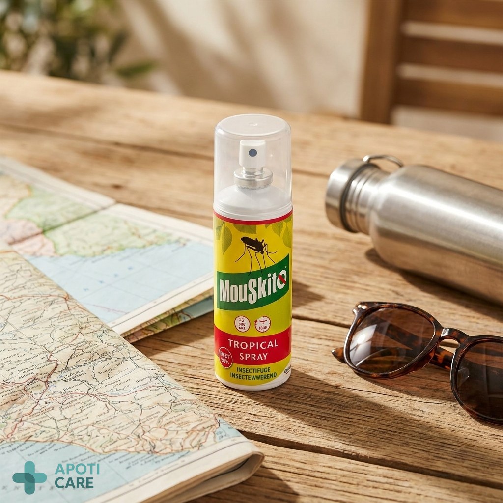 A traveler's kit on a wooden table, including a map, a water bottle, sunglasses, and the Mouskito spray, symbolizing preparation