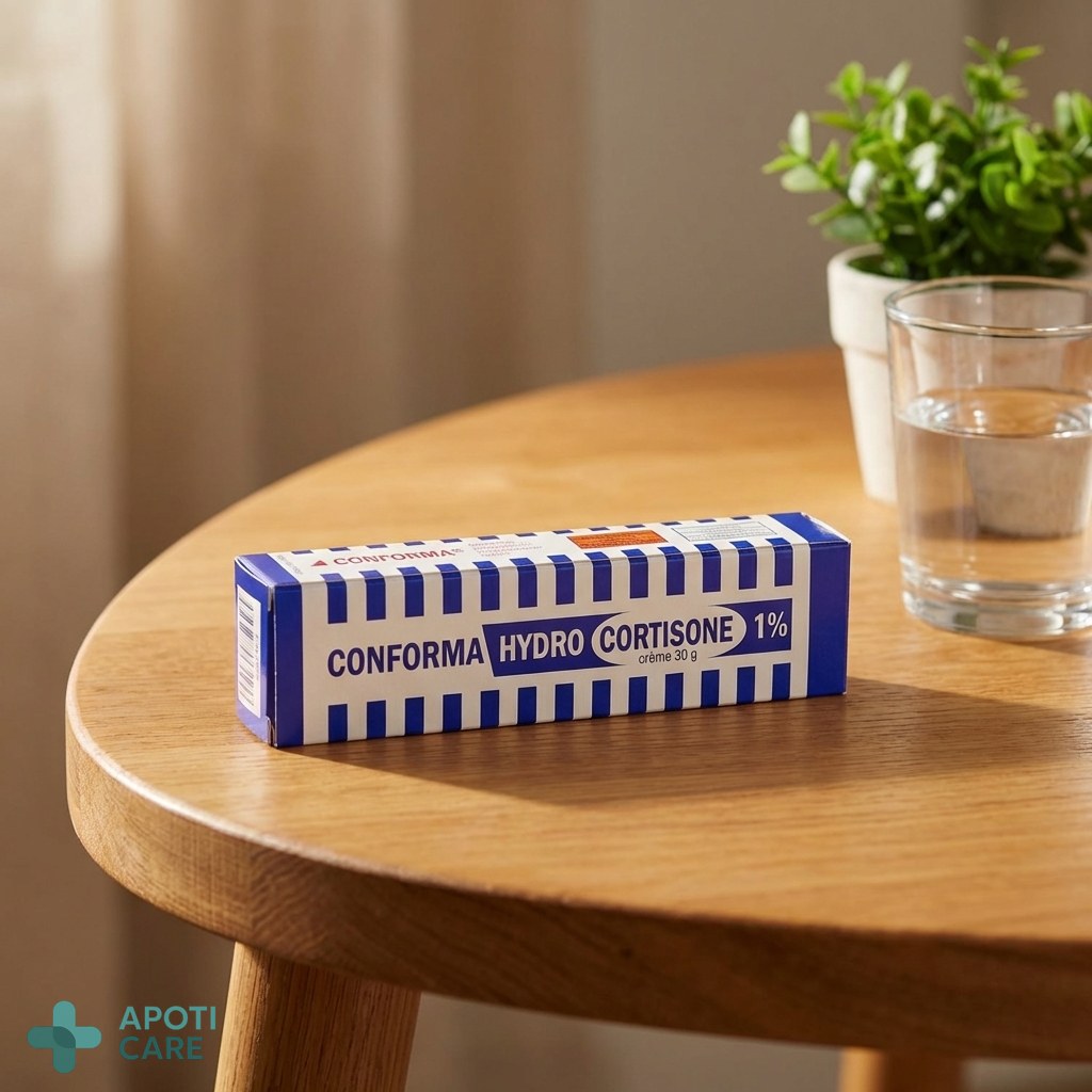 A tube of dermatological cream placed on a clean wooden table next to a glass of water and a green plant, symbolizing health and natural balance