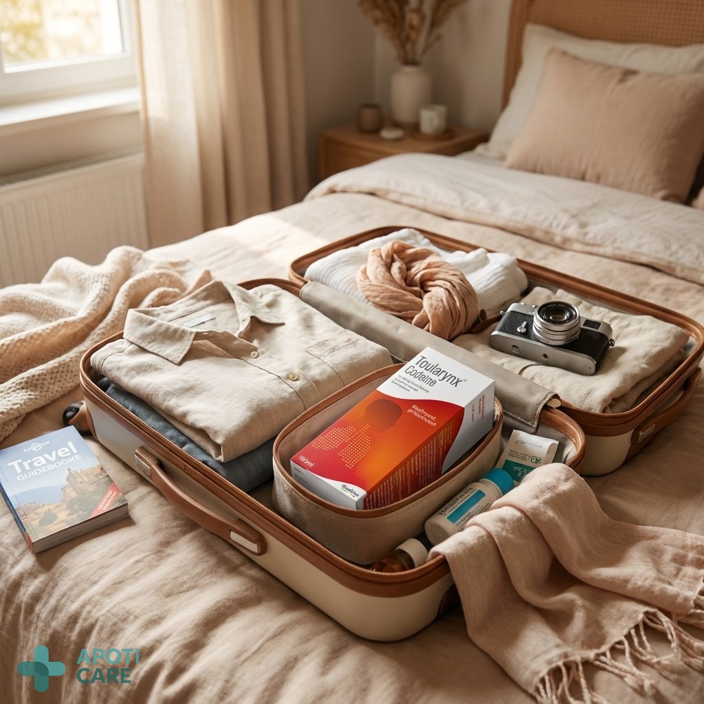 An open suitcase on a bed with light spring clothes, a camera, and a small travel pharmacy kit, illustrating the preparation for May holidays.