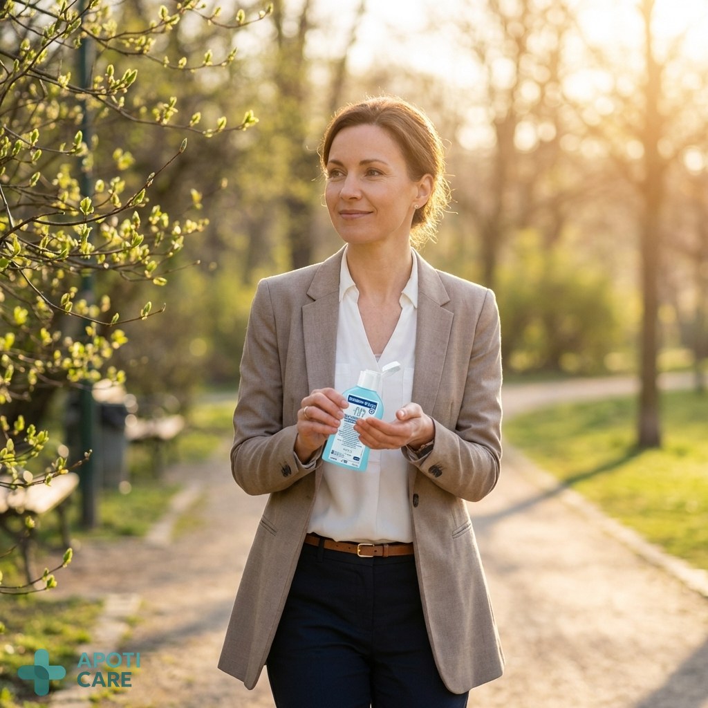 A person in business casual attire walking outdoors in a park with green buds on trees, looking refreshed and energetic, morning spring sun, realistic photography