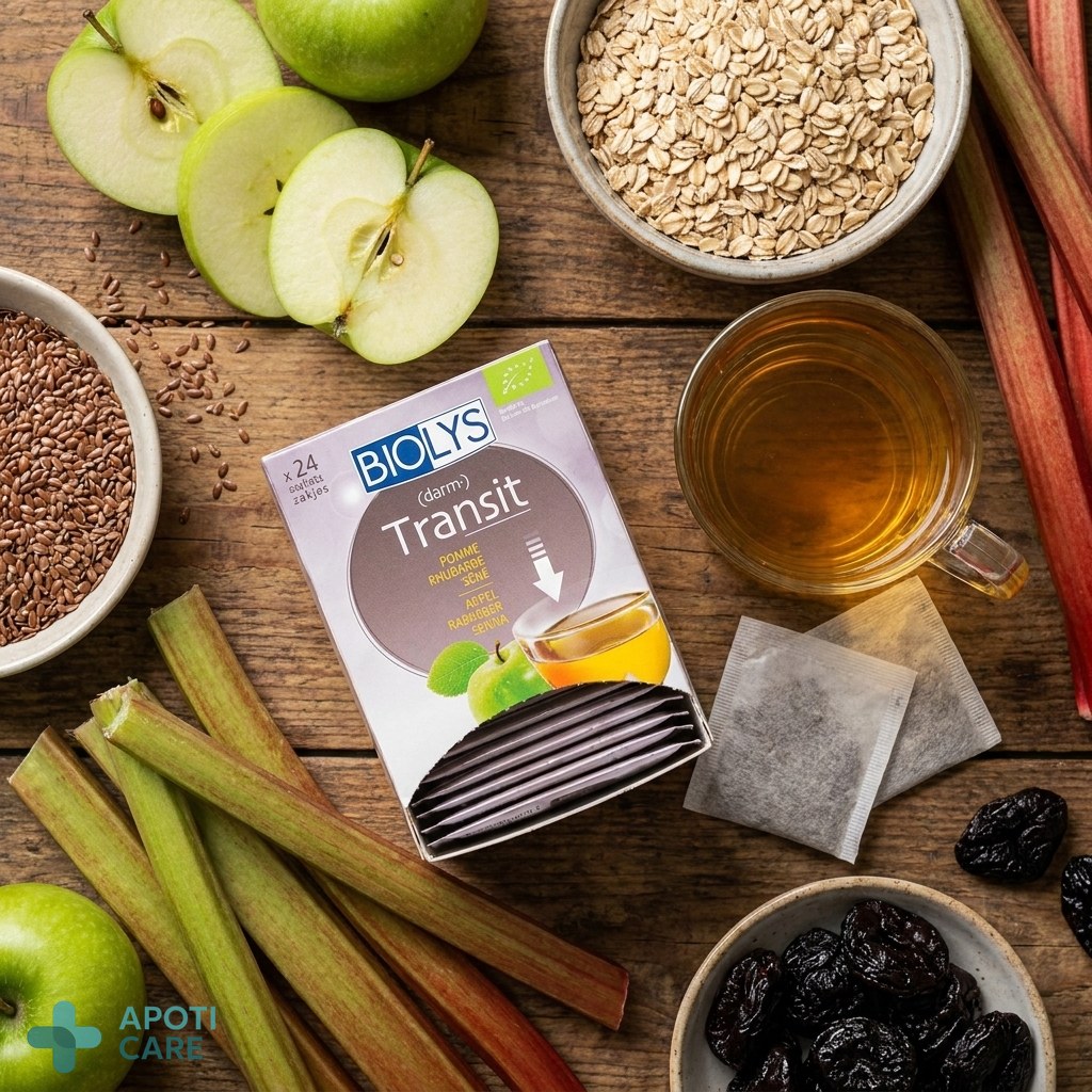 Top view of a variety of fiber-rich foods like green apples, rhubarb stalks, and whole grains on a rustic surface