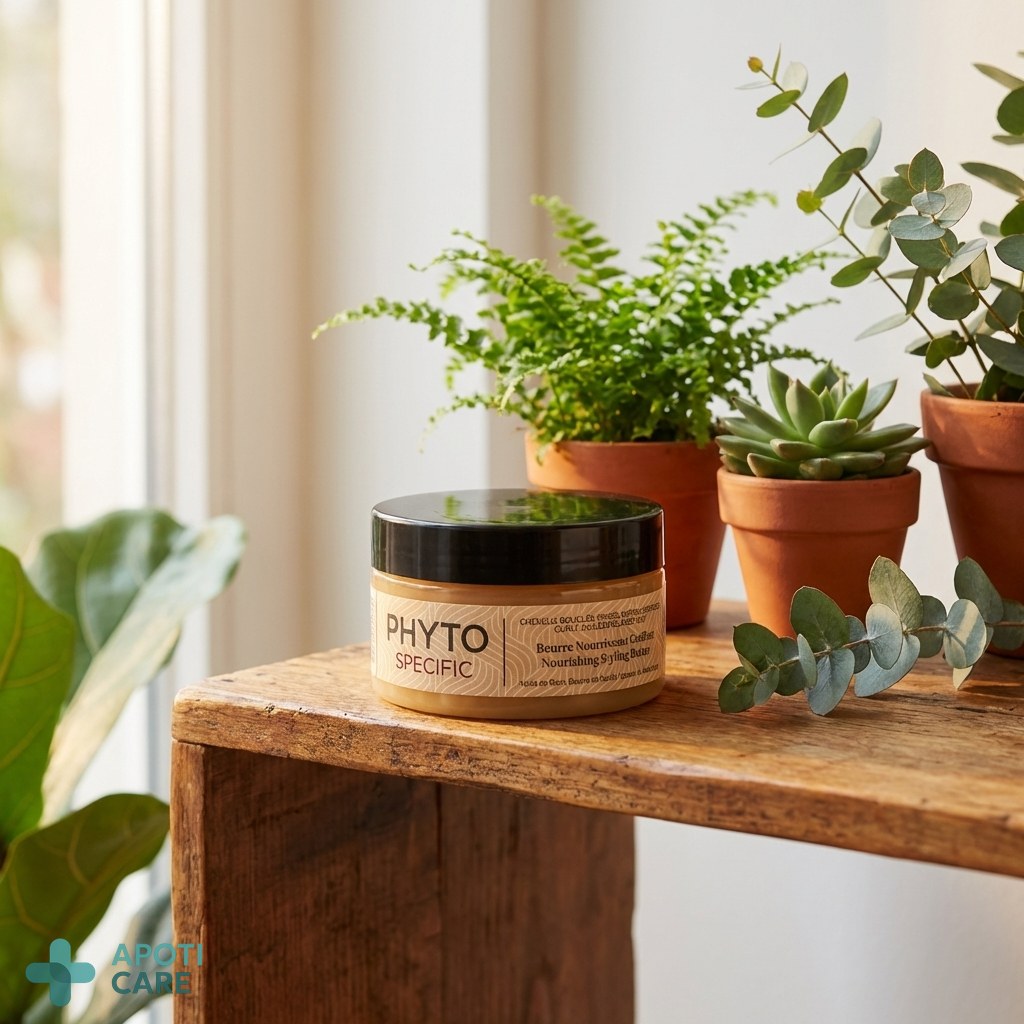 Various healthy green plants and a jar of Phytospecific butter on a wooden shelf, symbolizing the link between nature and pharmacy.