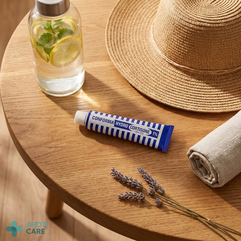 A minimalist flat lay of a travel kit containing a small tube of cream, a sun hat, a water bottle, and a sprig of lavender on a wooden table.