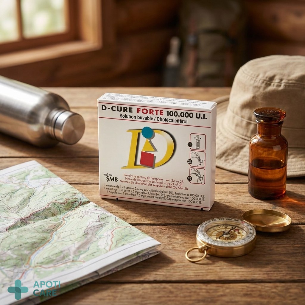 A flat lay of hiking essentials: a map, a compass, a water bottle, a sun hat, and a small apothecary bottle on a rustic background.