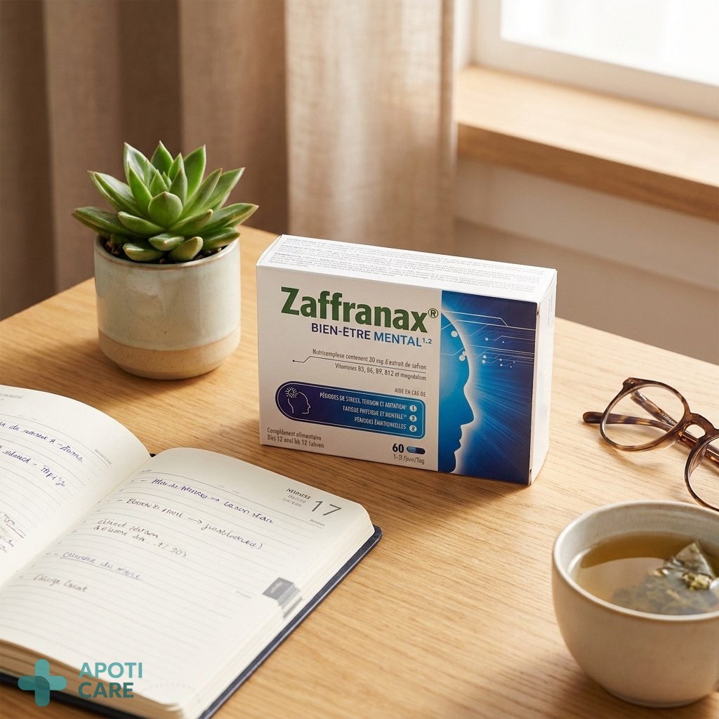 A high-quality supplement box placed on a professional desk next to a planner and a small green plant, bright and clean atmosphere.