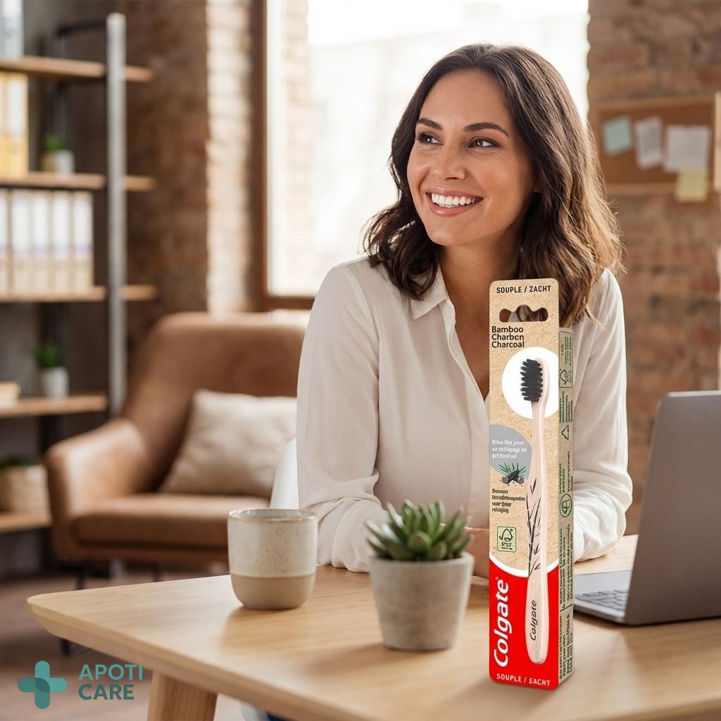 A person smiling confidently in a professional setting, blurred office background, soft natural lighting, focus on a healthy and bright smile