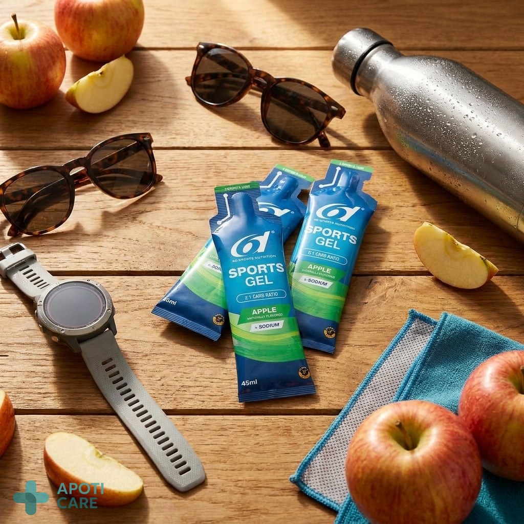 A flat lay of sports essentials on a wooden table: a sports watch, a pair of sunglasses, a water bottle, and a few Sports Gel 6D sachets.