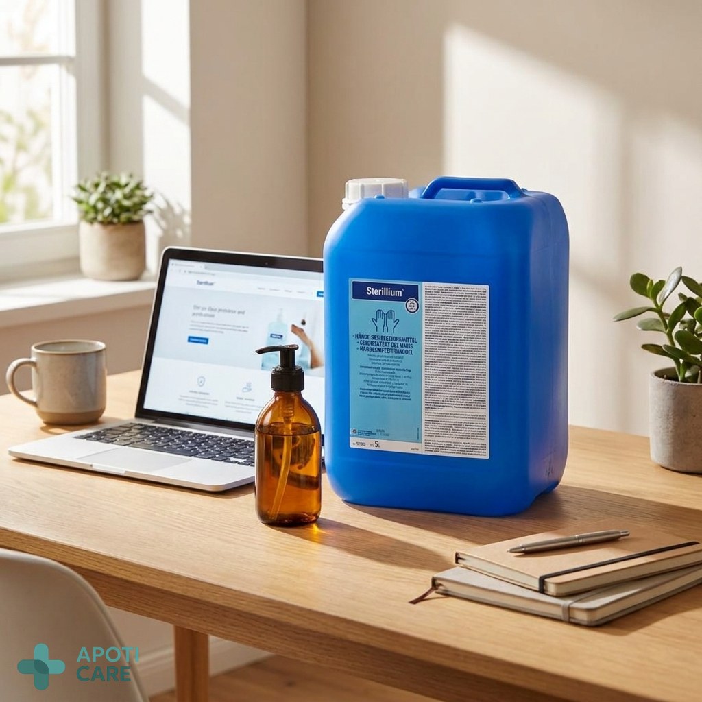 A clean, modern home office desk with a small refillable bottle of hand sanitizer next to a laptop, aesthetic and organized