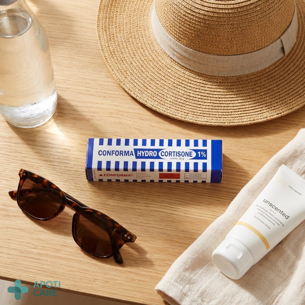 A flat lay of summer essentials: a bottle of water, a sun hat, a tube of cream, and a pair of sunglasses on a wooden table.