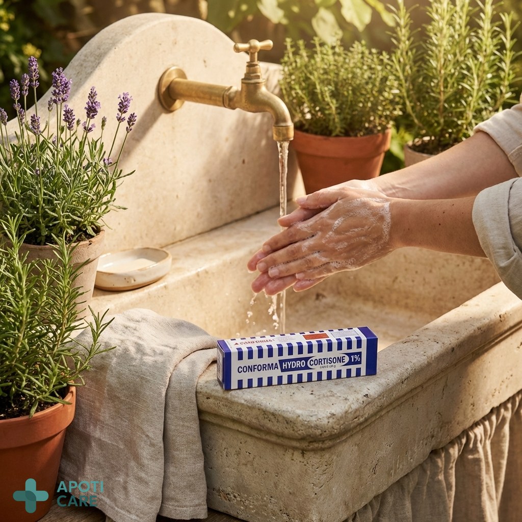 A person washing their hands thoroughly but gently at an outdoor vintage garden sink, focused on hygiene and skin care.