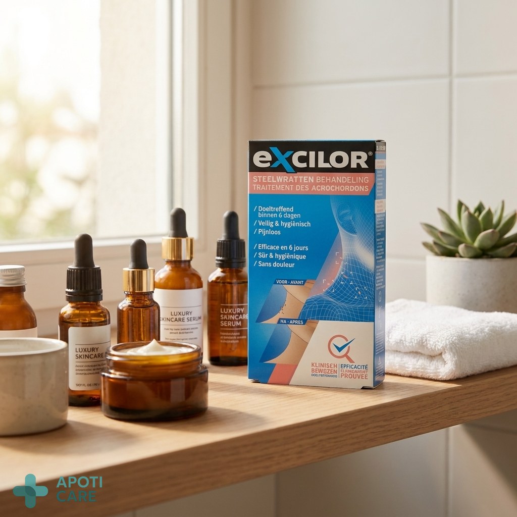 A clean, minimalist bathroom shelf with a small medical box and some luxury skincare products, highlighting a premium health routine, realistic photography style
