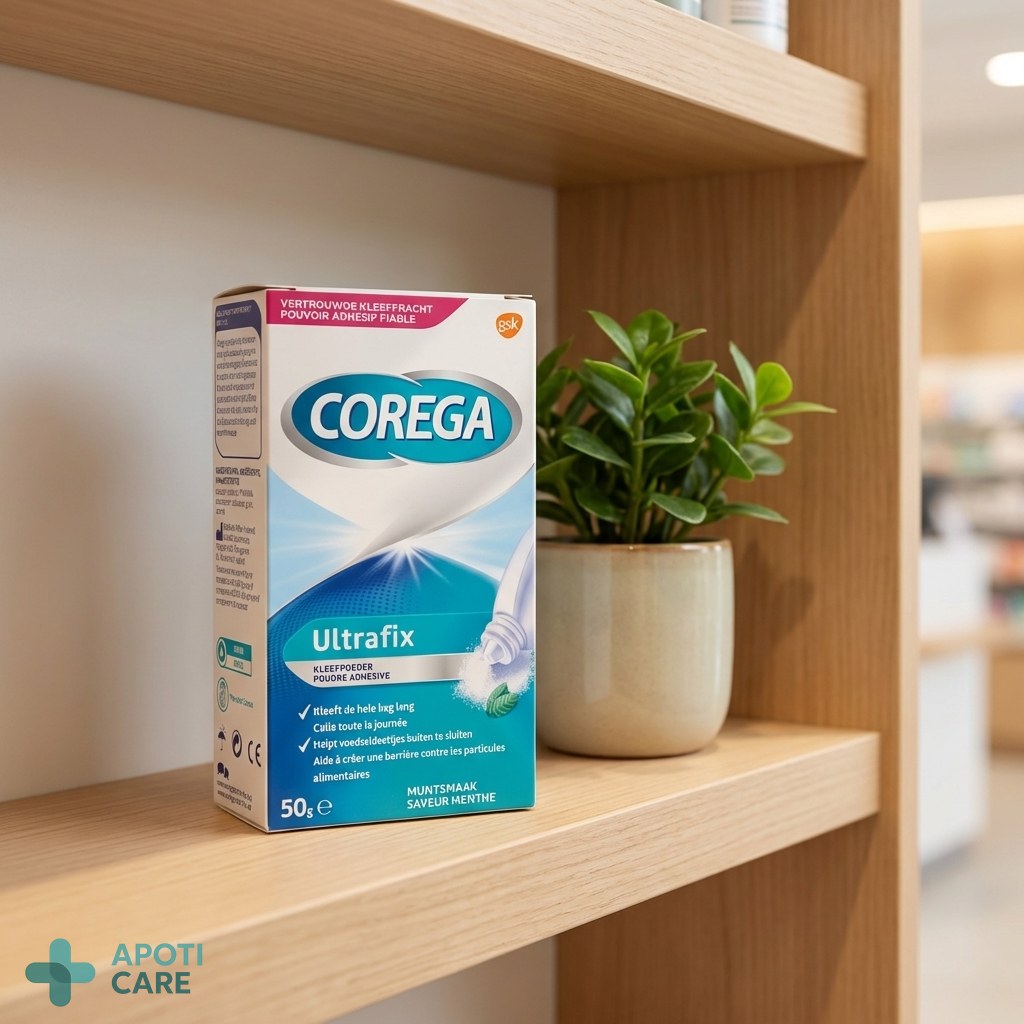 A clean, minimalist pharmacy shelf showing a discreet package of dental adhesive powder next to a small green plant.