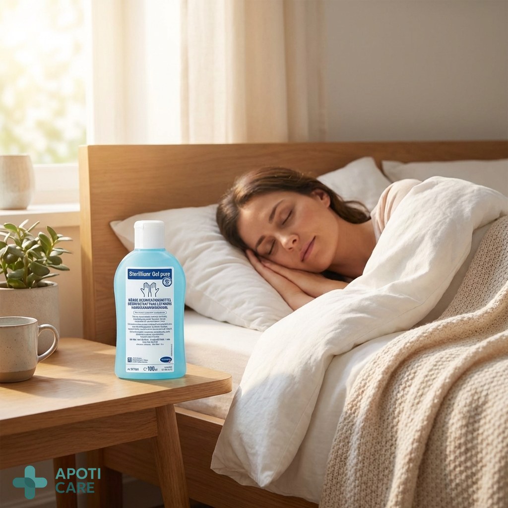 A person looking relaxed, sleeping peacefully in a well-lit, clean bedroom, symbolizing the end result of a healthy daily routine.