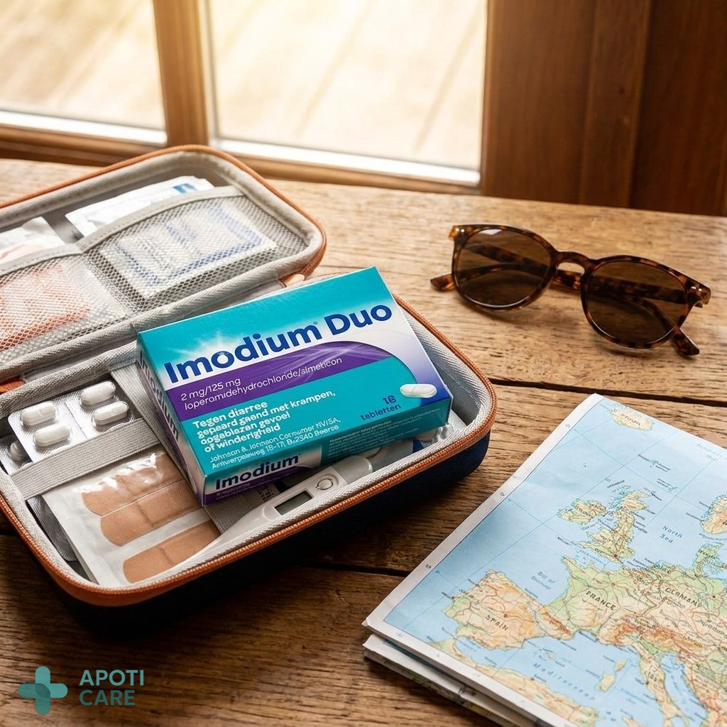 A travel first aid kit open on a wooden table next to a pair of sunglasses and a map, focus on essential health supplies, realistic style