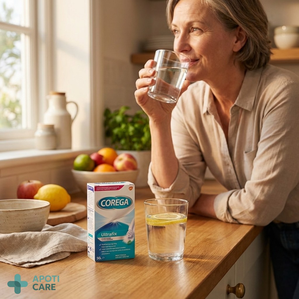 A person drinking a glass of water, looking refreshed, emphasizing health and hydration, realistic photography style