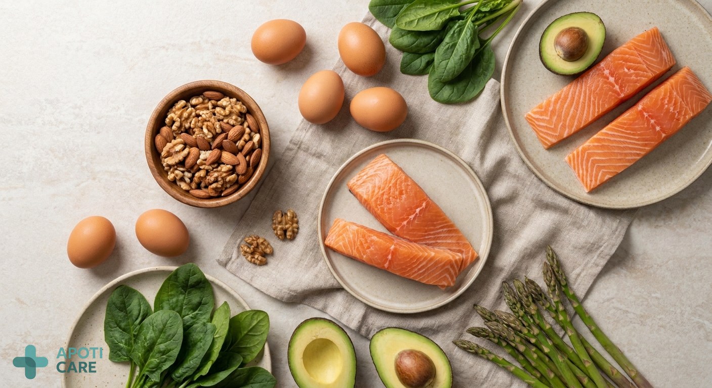 A flatlay of healthy food items like salmon, eggs, nuts, and green vegetables on a clean kitchen counter, bright and airy aesthetic