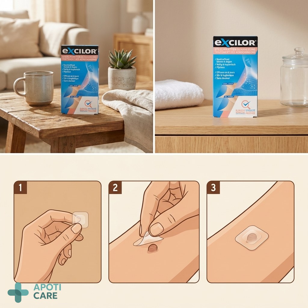 Step-by-step infographic style illustration showing how a small transparent patch is applied to the skin, clear and educational
