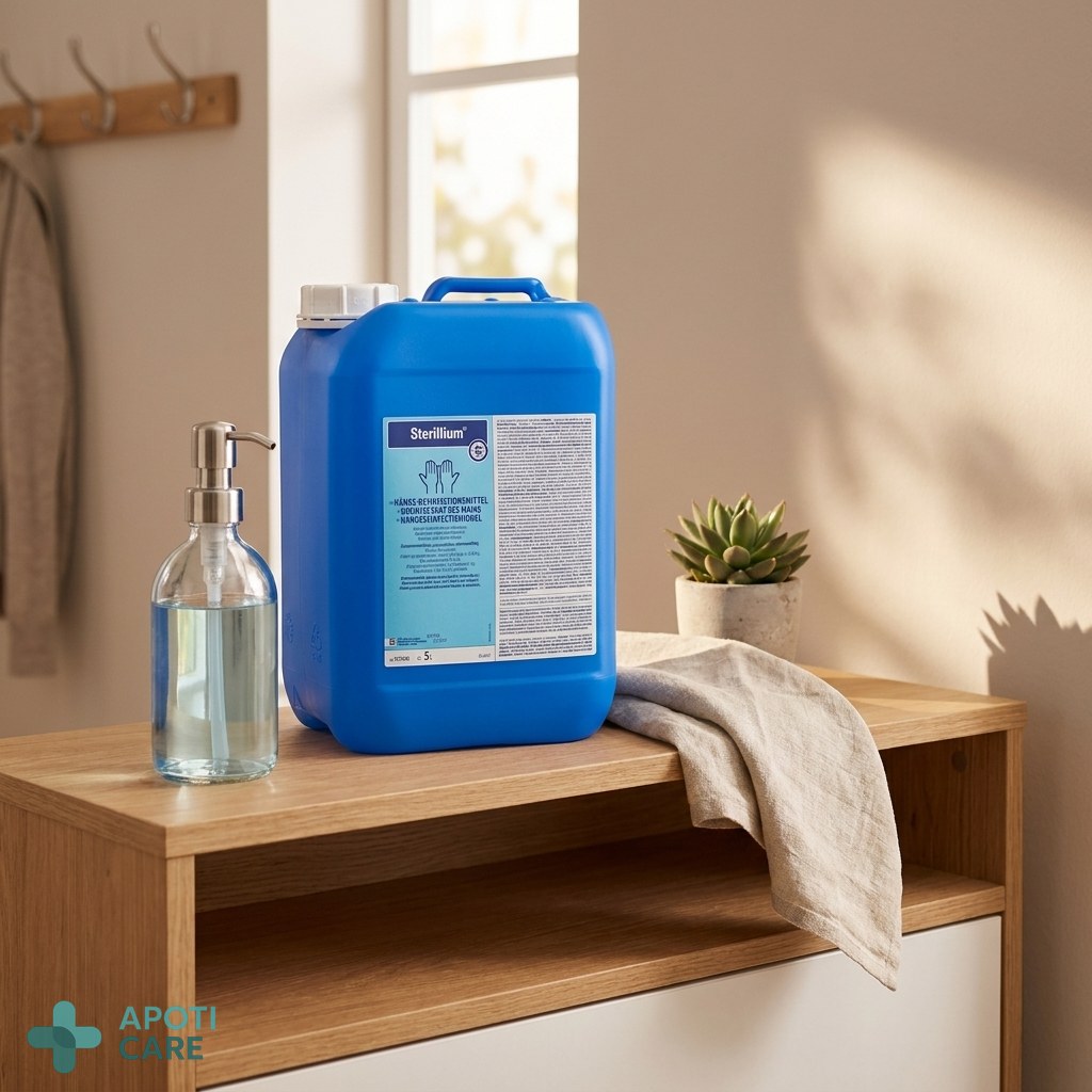 An aesthetically pleasing wooden shelf in a modern entryway with a 5L container of professional hand sanitizer and a smaller refillable glass bottle.