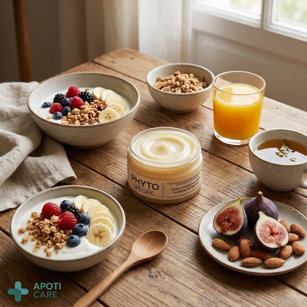 Flat lay of a healthy breakfast with fruits and a jar of hair butter, symbolizing holistic beauty, realistic photography