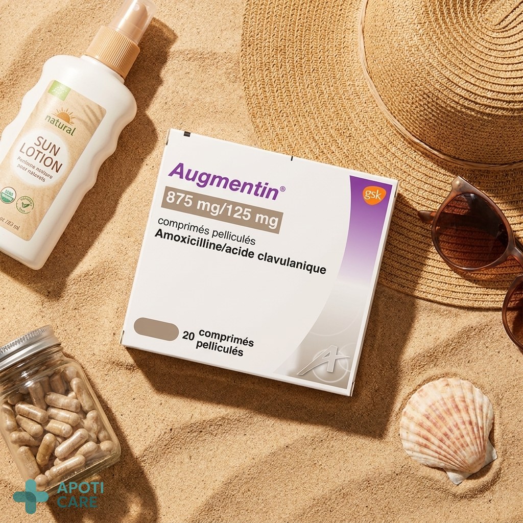 A flat lay of summer essentials: a bottle of sunscreen, a wide-brimmed hat, and a box of high-quality food supplements on a sandy background.