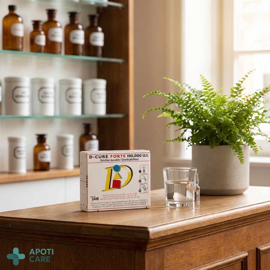 A clean, modern apothecary or pharmacy setting with a wooden counter, a green plant, and a glass of water, suggesting a professional and clinical health environment.