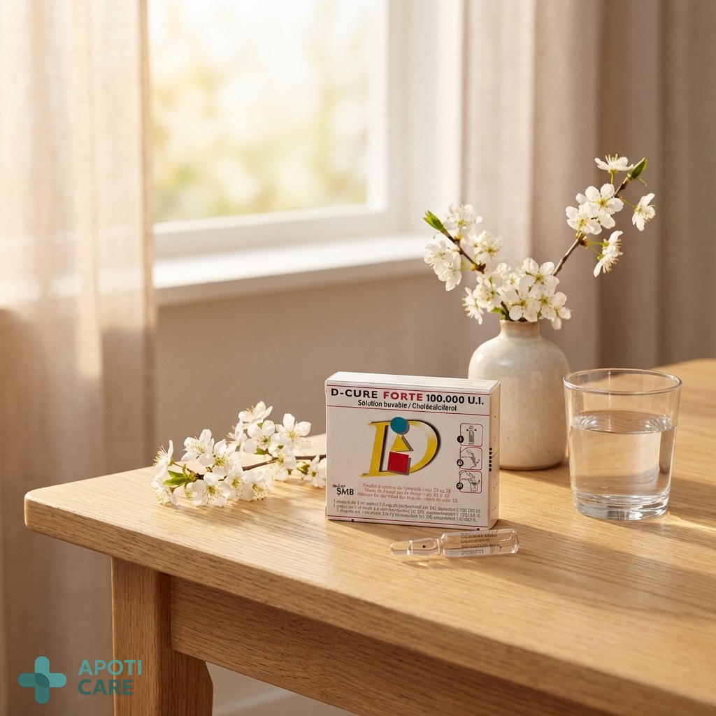 A clean, pharmaceutical-style photography of a medicine ampoule and its box on a light-colored surface with a spring flower nearby.