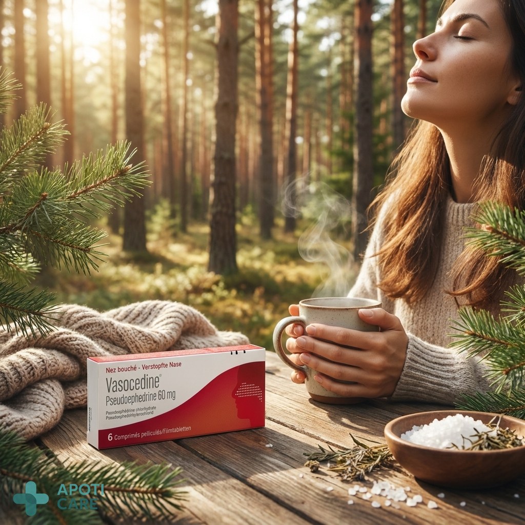 Close-up of a person taking a deep breath in a pine forest or near the sea, eyes closed, feeling of relief and freedom.