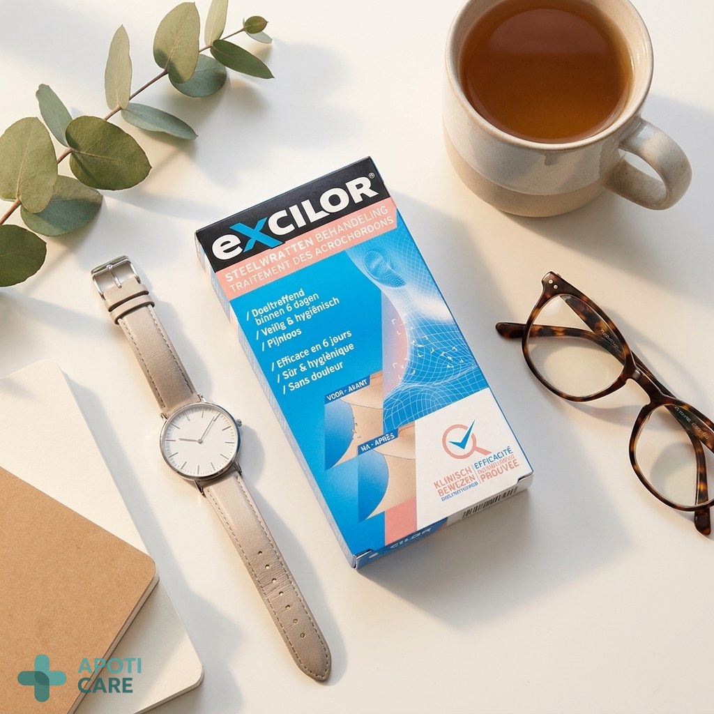 A flat lay of the Excilor product box next to a minimalist watch and a pair of glasses on a clean white desk, representing a high-end, pharmaceutical product for a busy professional.