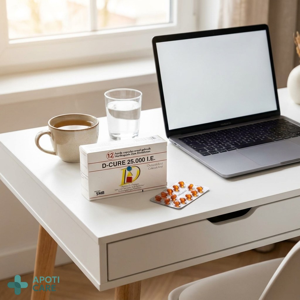 A glass of water and a small pack of D Cure capsules on a clean, white designer desk next to a laptop and a cup of tea.