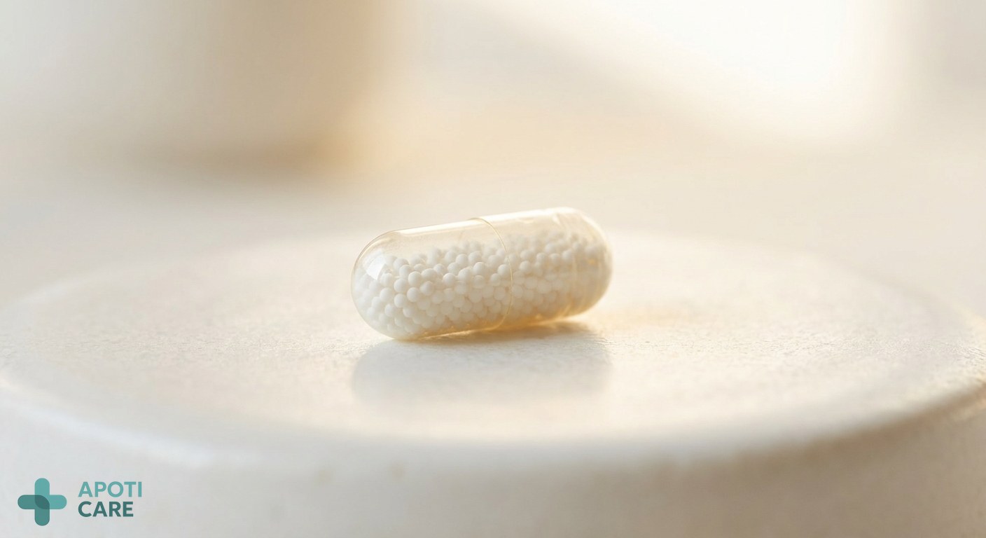 A macro shot of a single transparent medicine capsule on a clean, white surface, symbolizing purity and pharmaceutical precision.