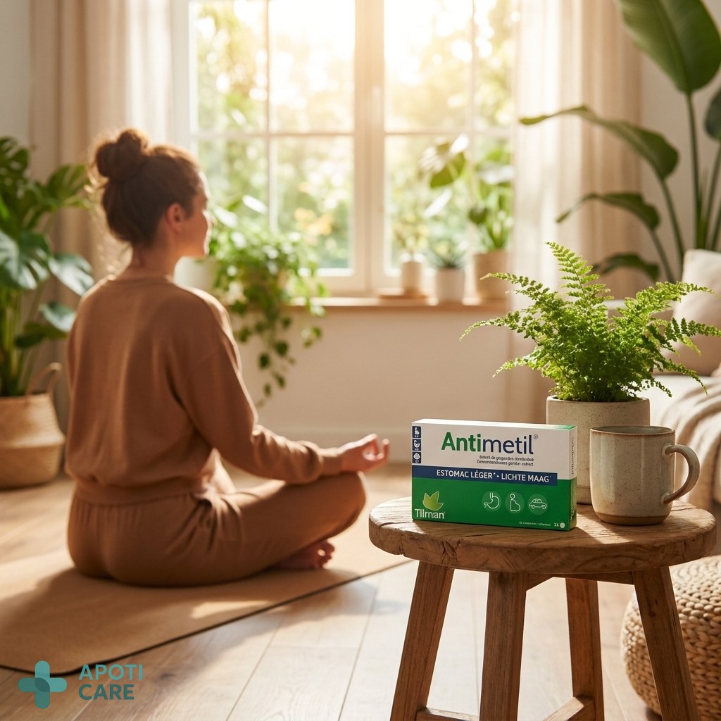 A person practicing yoga or meditation in a bright, airy room with plants, representing the 