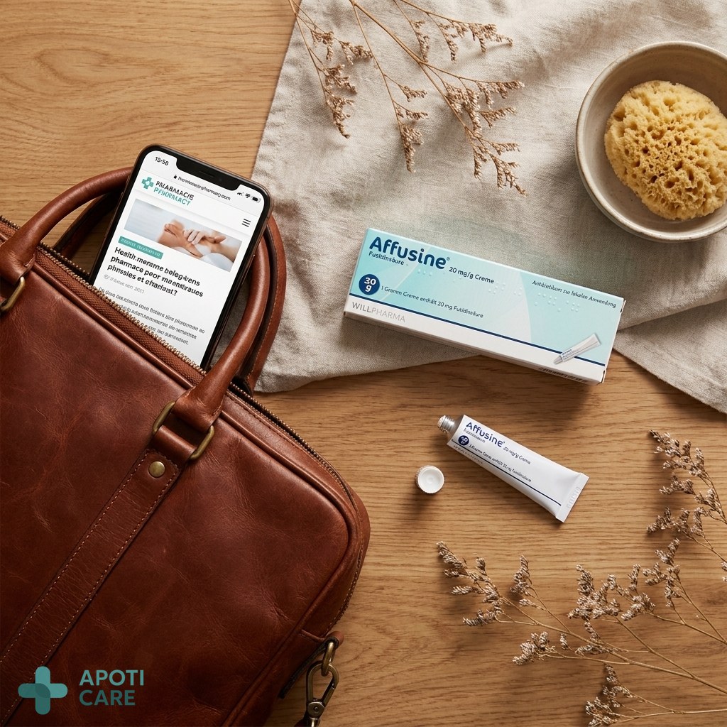 Flatlay of a leather work bag, a smartphone, and a small tube of cream, representing a busy professional's essentials for skin care on the go