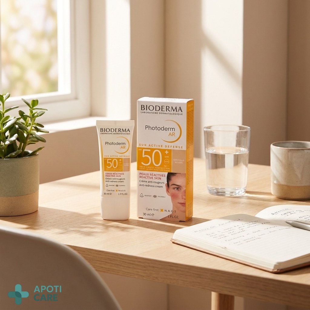 A professional desk near a window with soft sunlight, a bottle of Bioderma Photoderm AR 30ml discreetly placed next to a notebook and a glass of water, bright and clean photography.