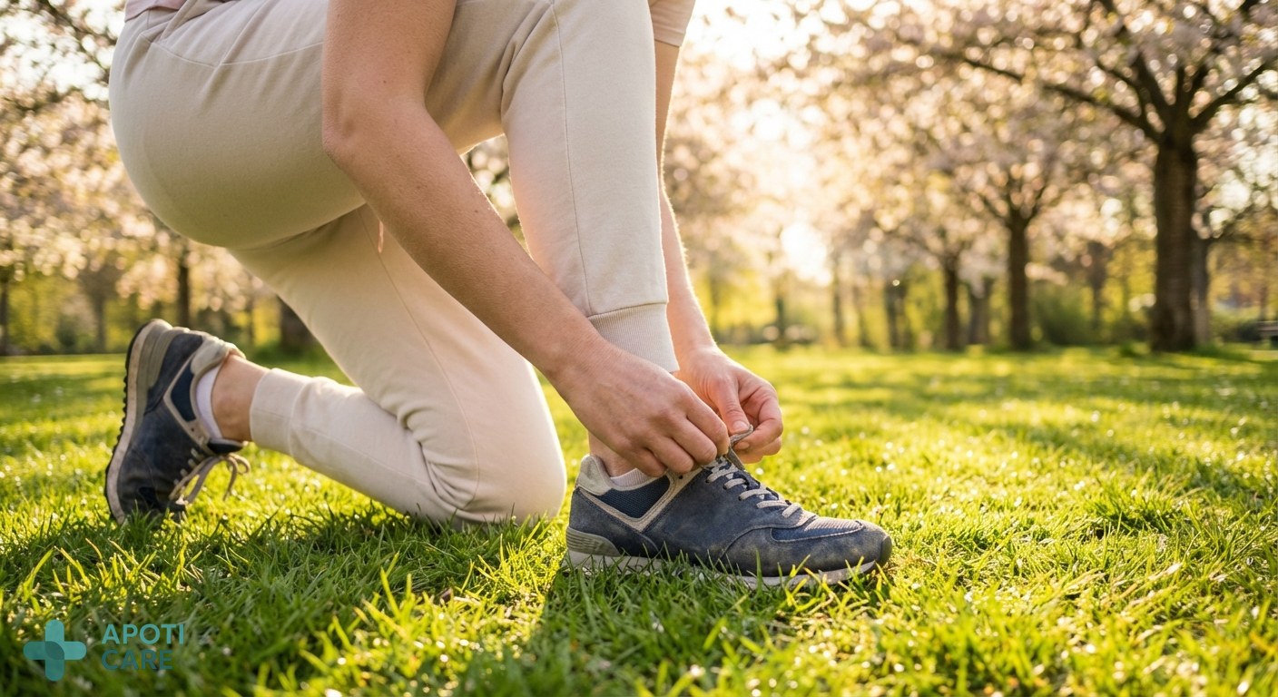 Close-up of a person putting on running shoes in a sunlit park during spring, focus on the sneakers and fresh green grass, soft morning light, realistic photography style.