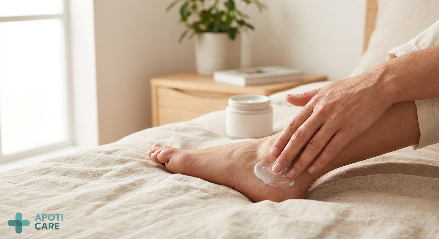 Person gently applying a white cream to their foot in a peaceful, well-lit bedroom setting, focusing on the hand and the foot, feeling of relief and care, realistic photography.