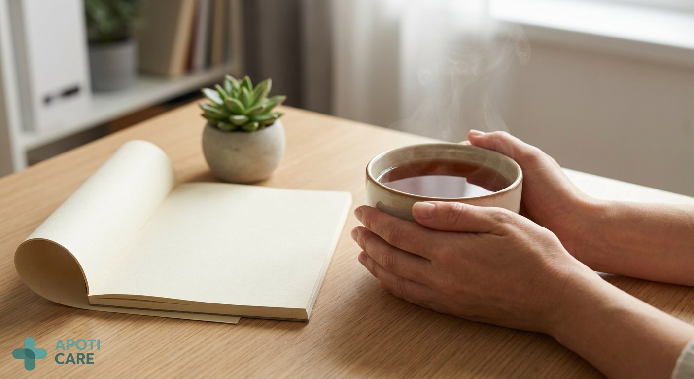 Close-up of hands holding a warm cup of herbal tea, beside a notepad and a small plant on a desk, symbolic of taking a mental break, professional and serene atmosphere