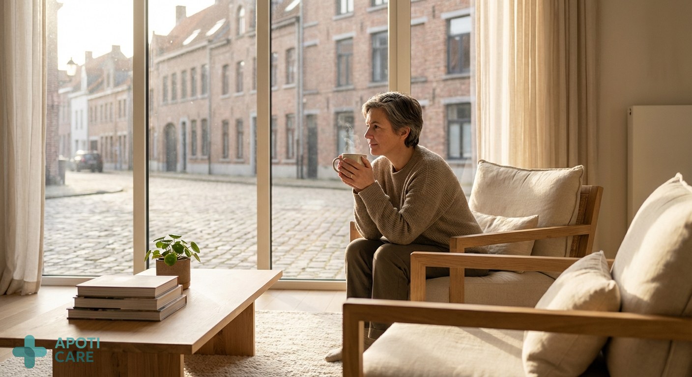 A person sitting in a bright, modern Belgian-style living room, holding a cup of tea, looking thoughtfully out of a large window with soft afternoon light, realistic photography style